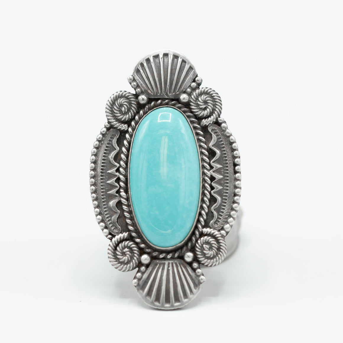 SW Sterling Silver Turquoise Ring with a Decorative Backplate