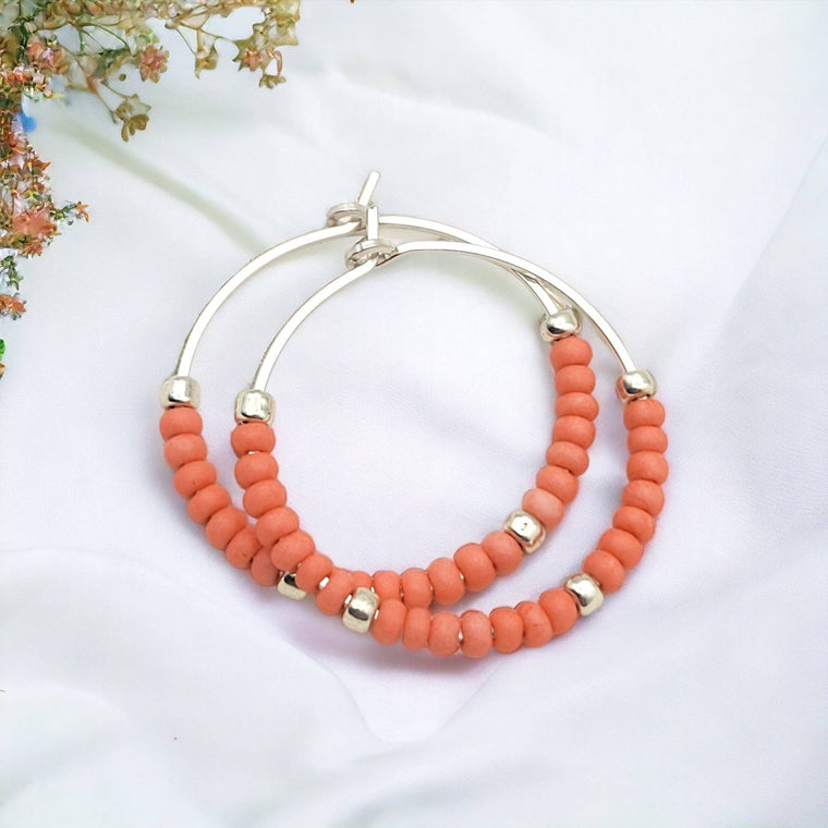 BOHO105 Spring Jewerly - Silver Hoop Earrings with Coral Seed Beads