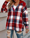 Plaid Button Front Hooded Shacket: L / Red
