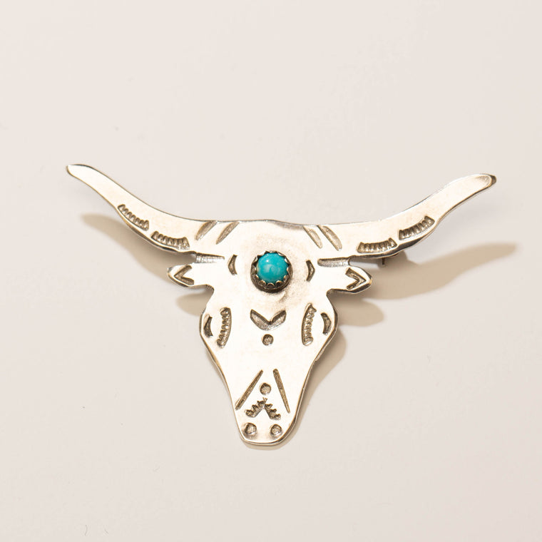 Sterling Silver Steer Head Hat Pin with Turquoise