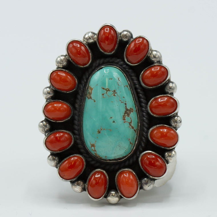 SW Sterling Silver Turquoise and Coral Ring