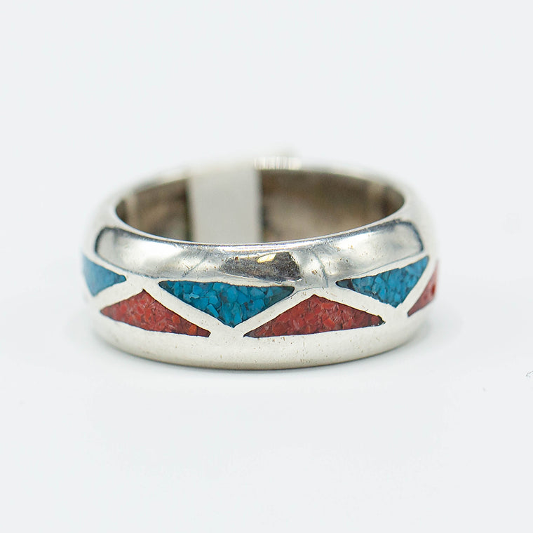 SW Sterling Silver Coral and Turquoise Inlay Band