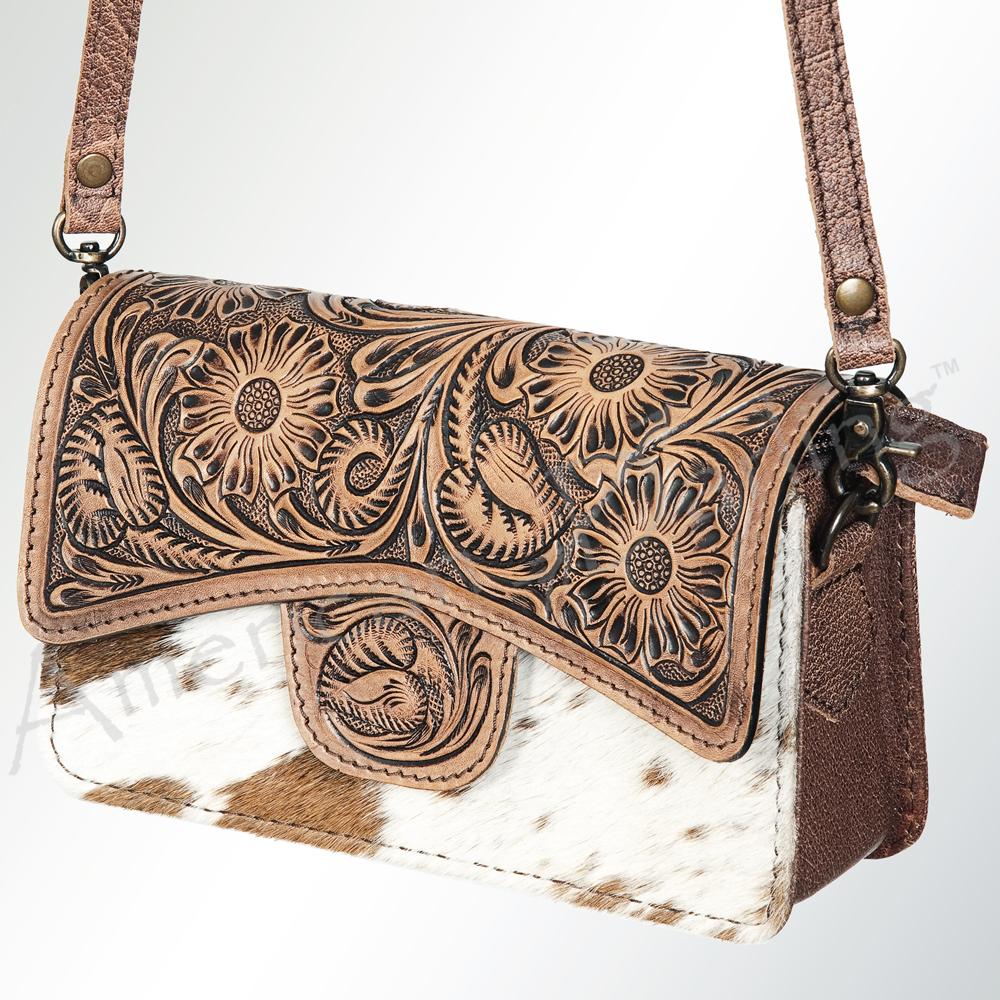 American Darling Golden fleck Hair on good Hide Tooled Leather Bag Purse