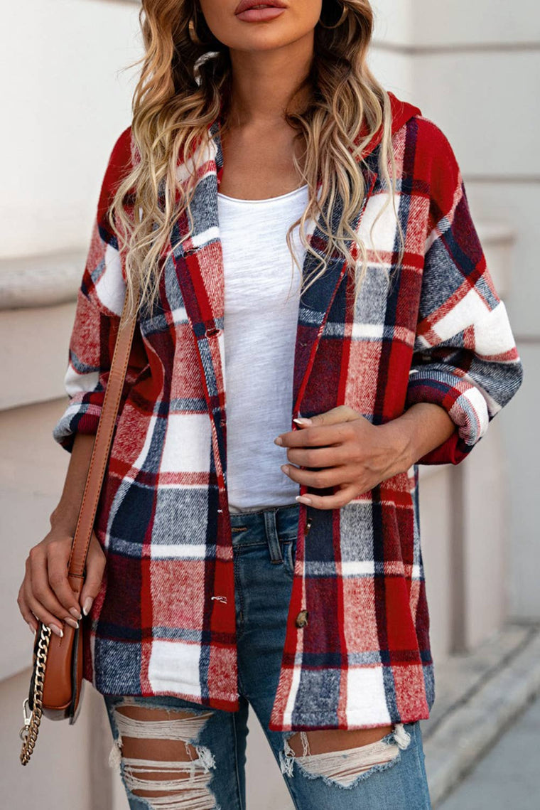 Plaid Button Front Hooded Shacket: L / Red